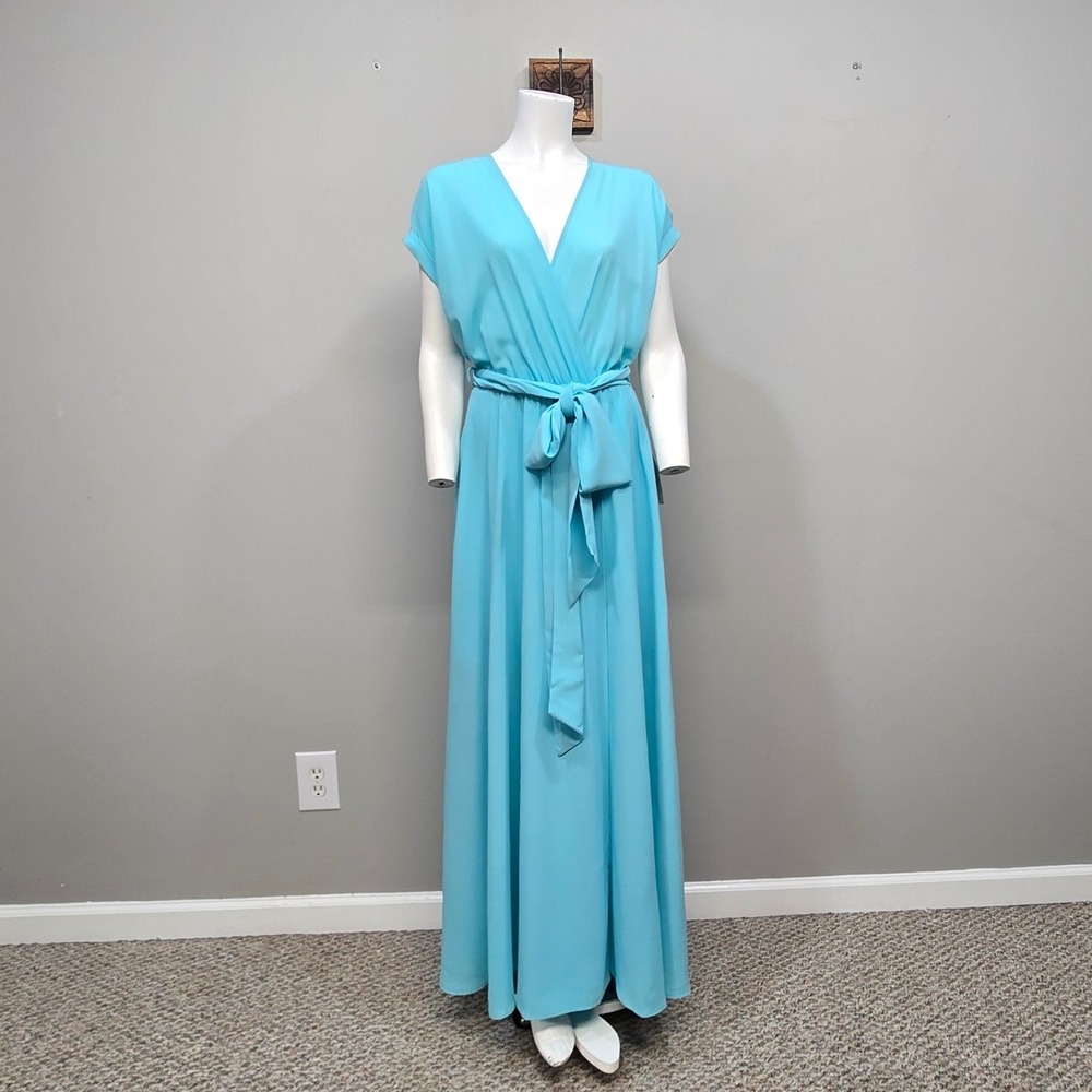 Meghan Los Angeles Maxi Dress Medium Blue Faux Wrap Belted Resort Wedding Guest